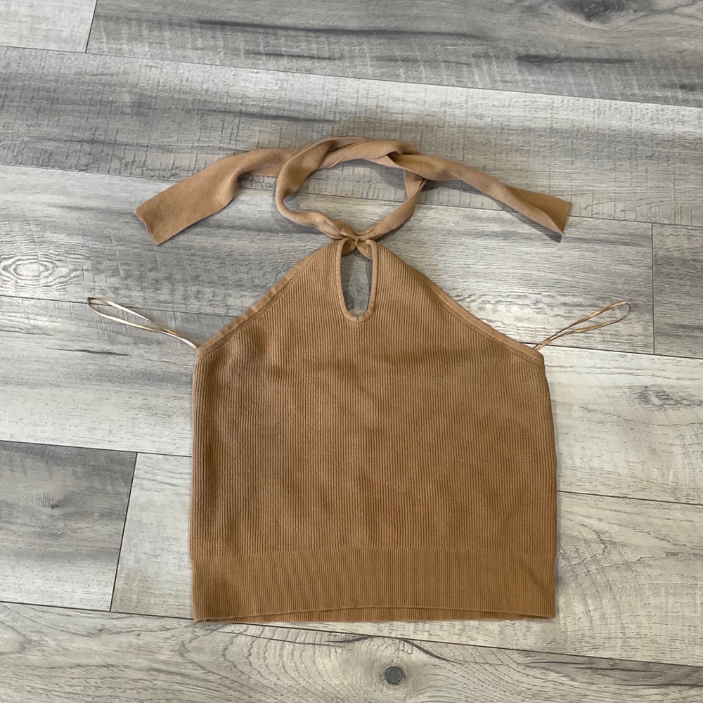 Banana Republic Ribbed Halter Top Camel Tan Keyhole Neck Tie Sleeveless Large‎
